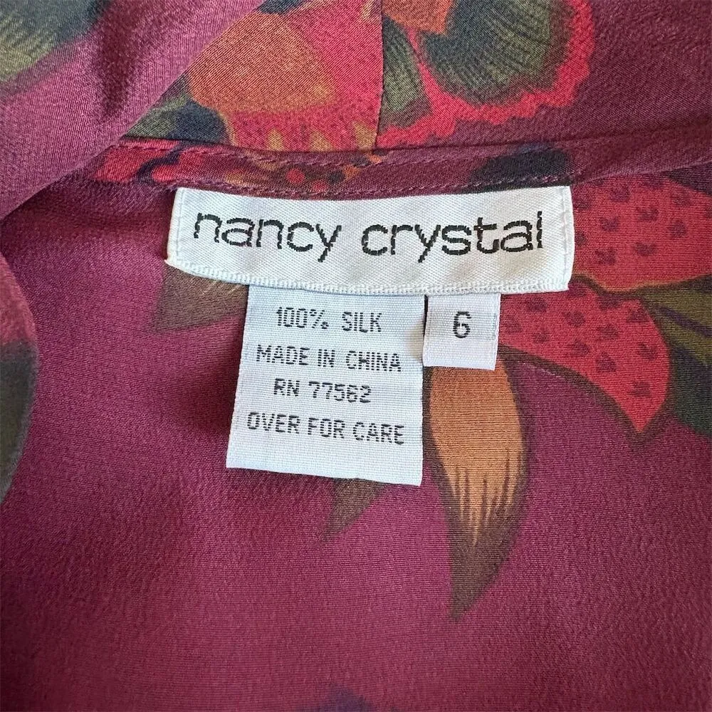 Nancy Crystal Women's Floral Silk Blouse Size 6 Burgundy V - Image 7