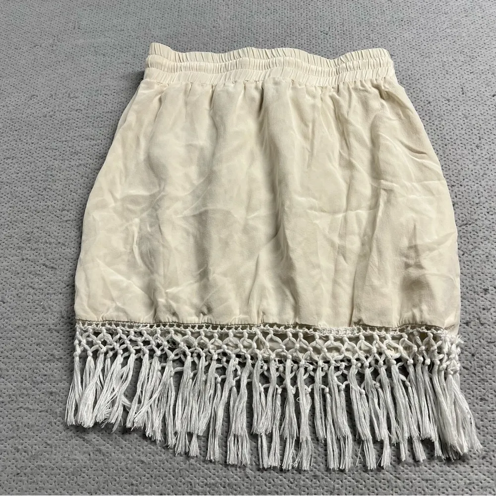 ⭐️ Amour Vert Cream Ivory elastic Waistband Tassel Fringe Skirt Size Small - Image 2