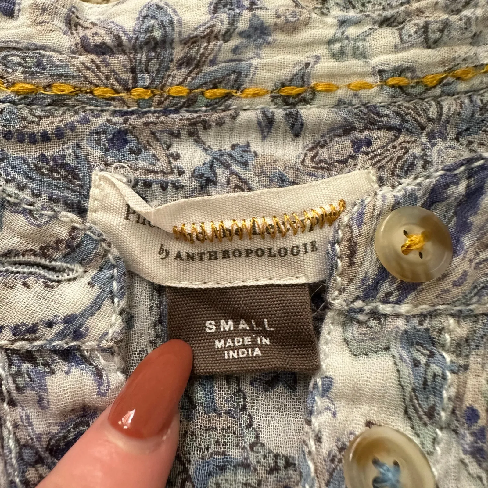 Pilcro & the Letterpress Anthropologie blue & white paisley button down top, S - Image 7