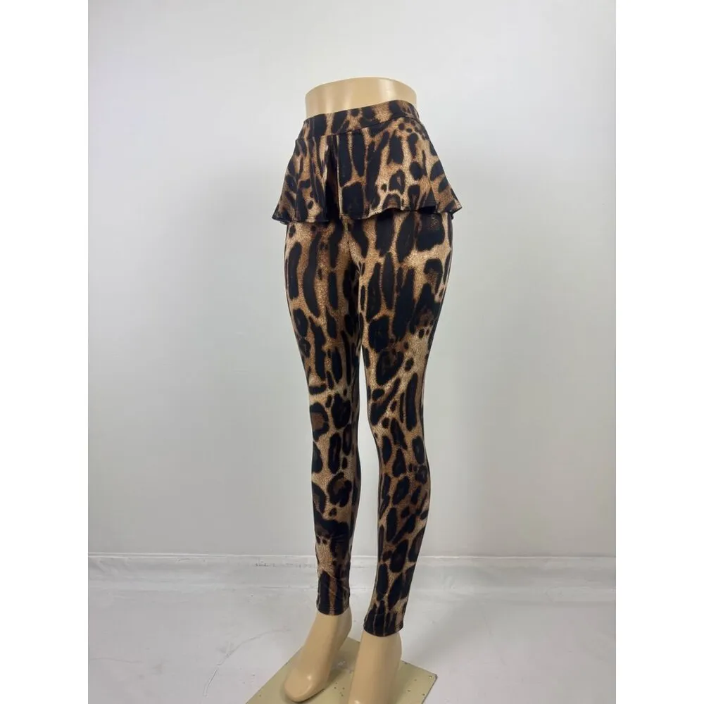 Women's Sabora Leopard Animal Print Peplum Accent Leggings Size Small Brown - Image 11