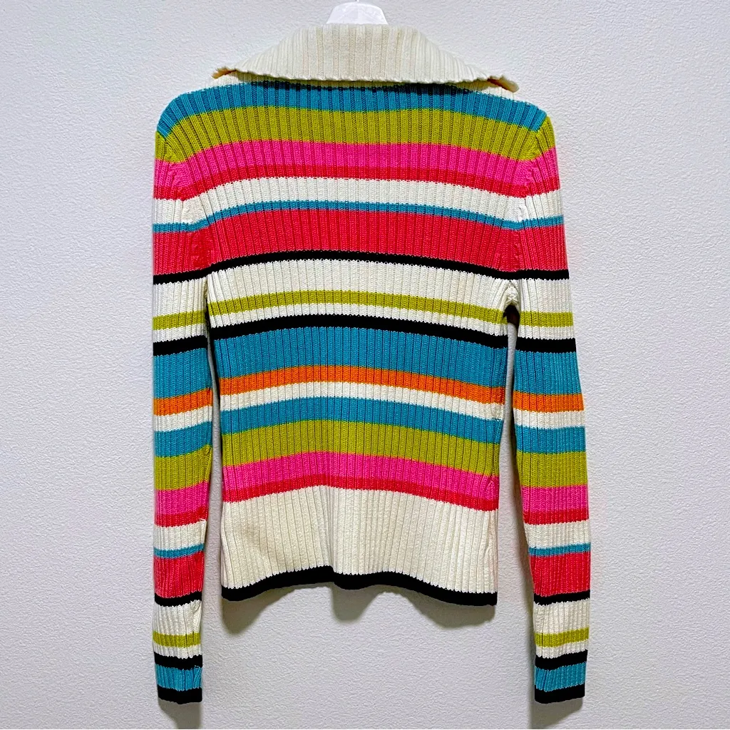 Y2K Tommy Hilfiger Striped Collared V-neck Thick Ribbed Knit Sweater L - Image 7
