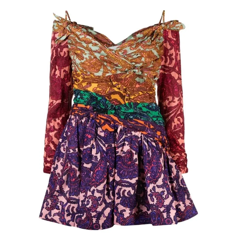 Zimmermann Tiggy Bow Cold Shoulder Paisley Mini Dress Linen - Image 3