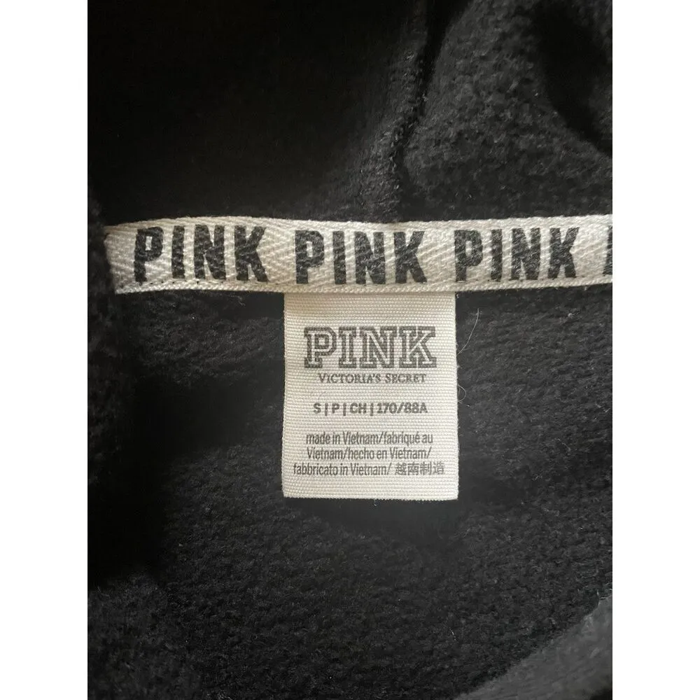 VICTORIA'S SECRET PINK CROPPED HOODIE VELVET LOGO LONG SLEEVE BLACK SZ S - Image 2