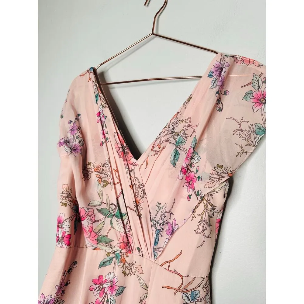 MONIQUE LHUILLIER Pink Floral Crepe Short Sleeve Floral Gwen Gown Size 6 - Image 13