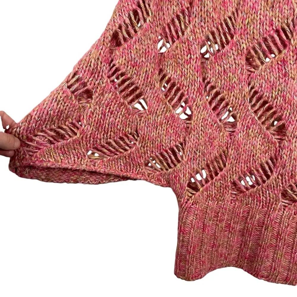 VINTAGE Sisley Open Knit Mock Neck Sweater Poncho in Pink Multi OS Size undefined - Image 3