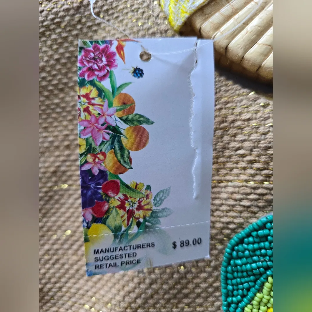 America & Beyond Beaded Lemon Yellow Chevron Fabric Circular Handle Tote Bag - Image 14