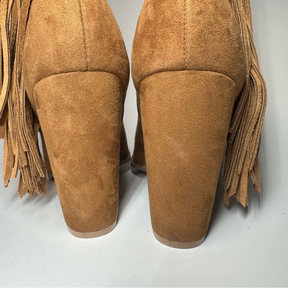 DV Dolce Vita Boots Womens 7.5 Fringe Booties Brown Leather Peep Toe Heeled Boho Tan - Image 12