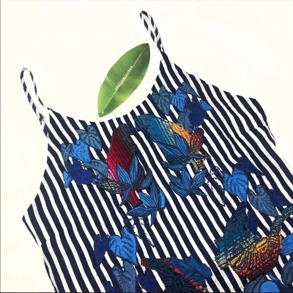 FARM Rio Striped Mini Dress Embroidered Birds Toucan Linen Cover Up XS - Image 2