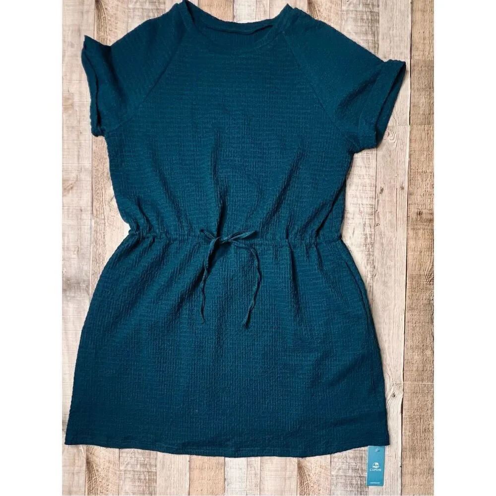 Cupshe Blue Crinkle Dolman Drawstring Dress‎ Cover Up LARGE Travel Casual NWT - Image 11