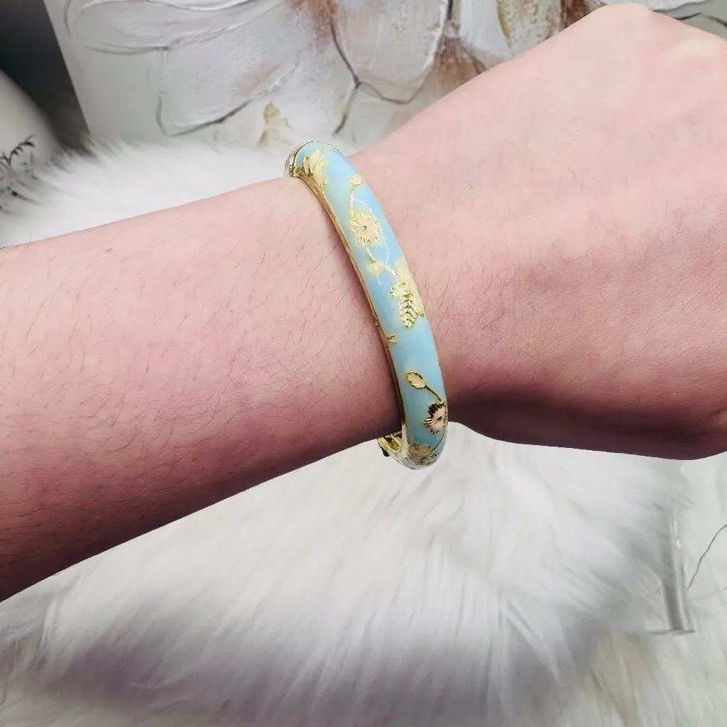 Blue Bangle w/ pink Flower Enamel Cloisonne Bracelet Bangle - Image 5