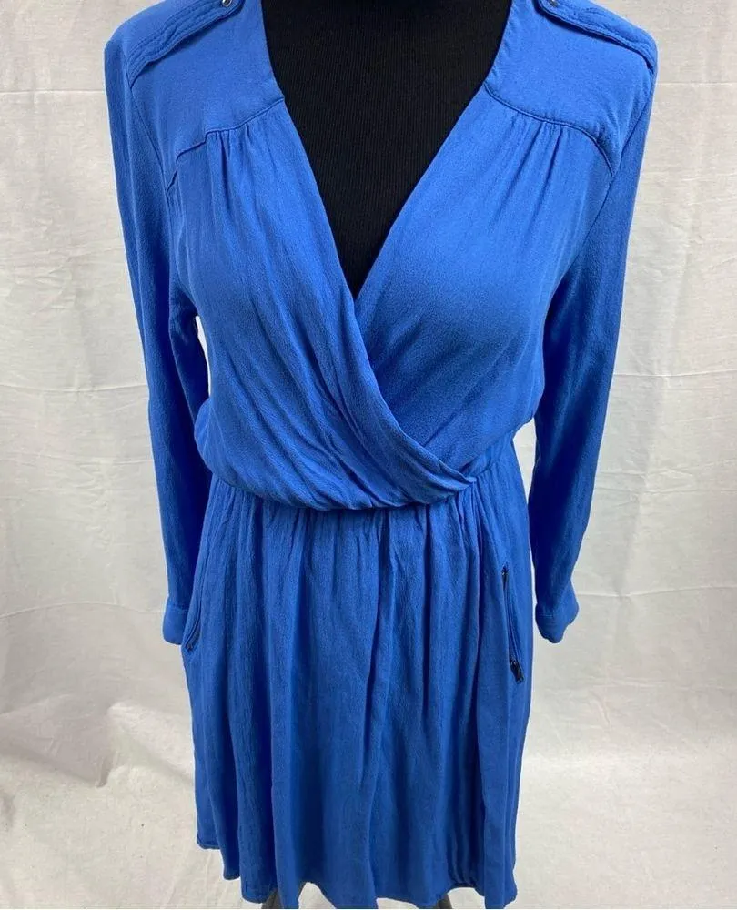 Anthropologie Maeve Blue Lene Faux Wrap Dress Size XS Long Sleeve Zipper Pockets - Image 2