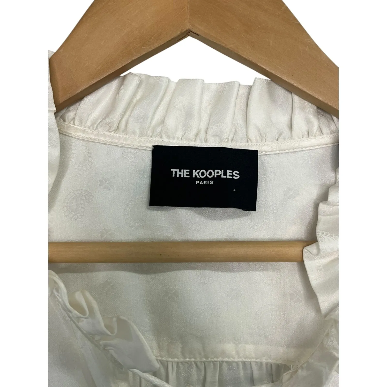 The Kooples Top Womens Large 3 Ivory Silk Jacquard Paisley Blouse Ruffle Sheer - Image 4