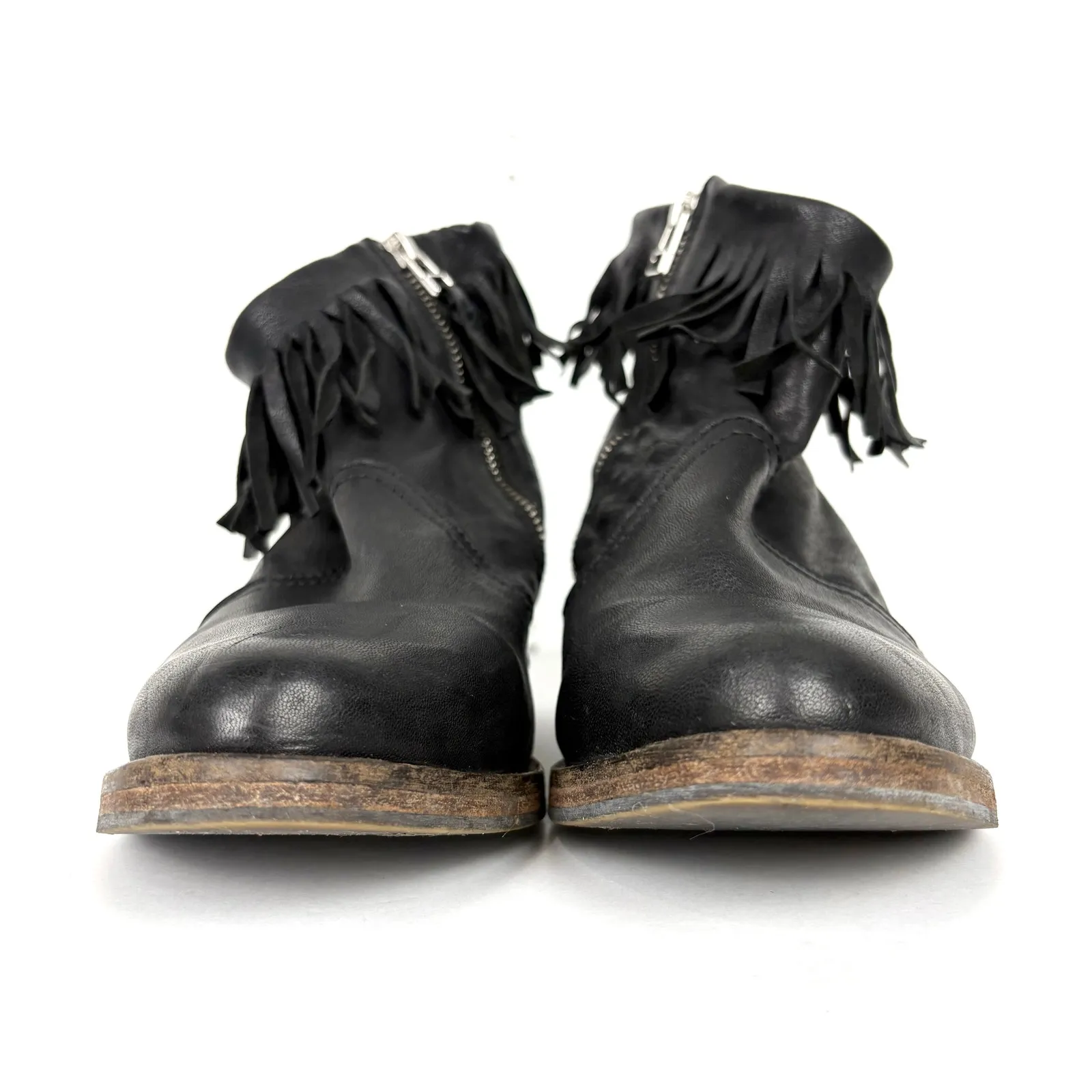 AllSaints Women Bonny Valley Black Leather Fringe Ankle Boots Cuban Heel Size 39 - Image 2