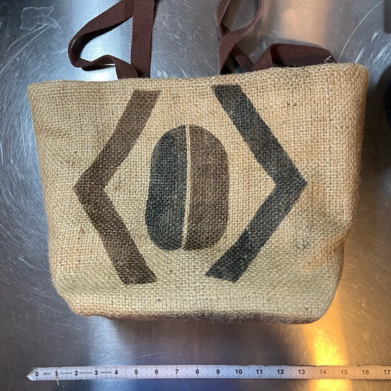 Helen Troy Bag Brown Straps Jute Printed Logo Coffee Bean Tote Style - Image 5