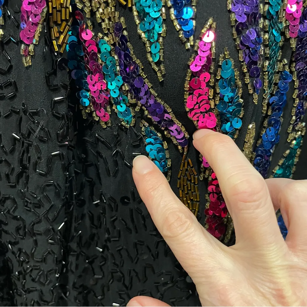 Vintage 80s Nite Line silk mesh beaded sequin floating neckline mini dress fancy Black Size XS - Image 10