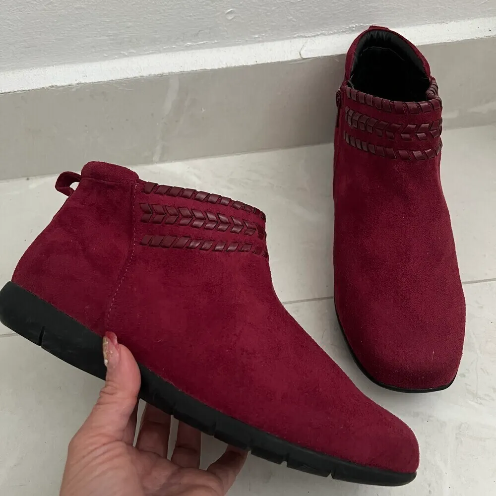 Boho Chic Wine Red Suede Boots - Western Style Woven Detail Ankle Booties 7.5 - Image 8