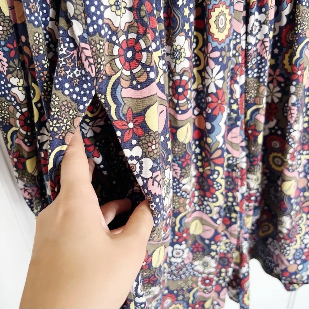 Boden • Button Through Jersey Dress mini empire waist floral cotton modal Blue Size 2 - Image 8