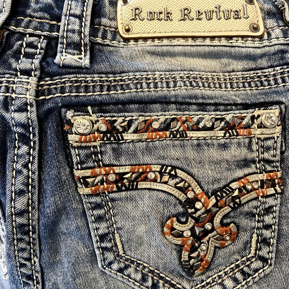 Rock Revival Sherry Skinny Jeans Embellished Hem Cut Off Medium Wash 26"x27" - Image 3