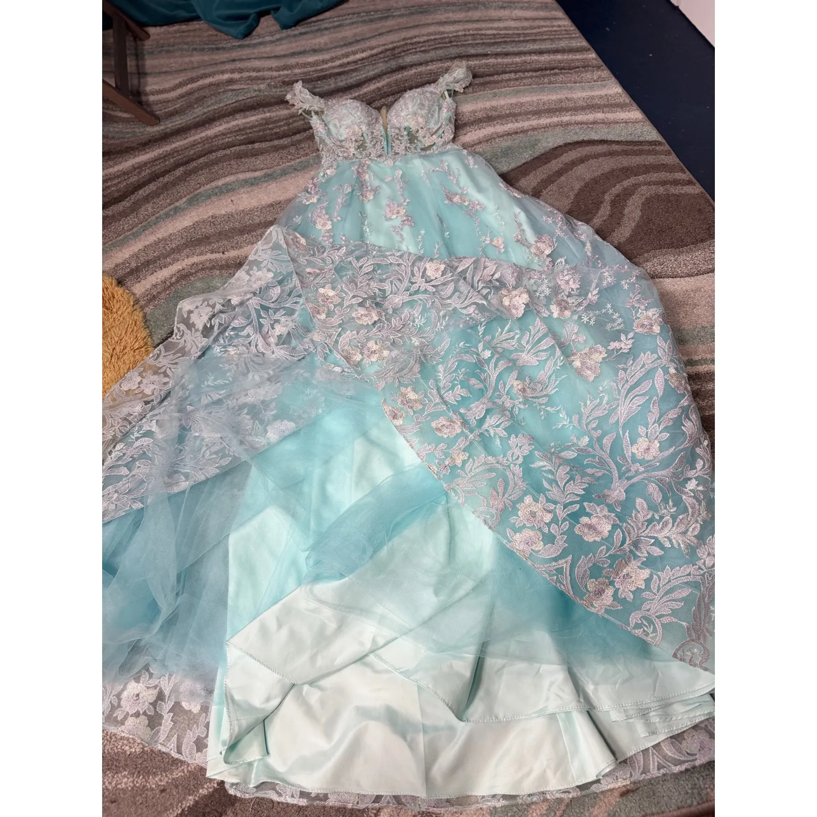 Morrell Maxie Size 4 Aqua White Floral Lace Off Shoulder Formal‎ Gown Blue - Image 14