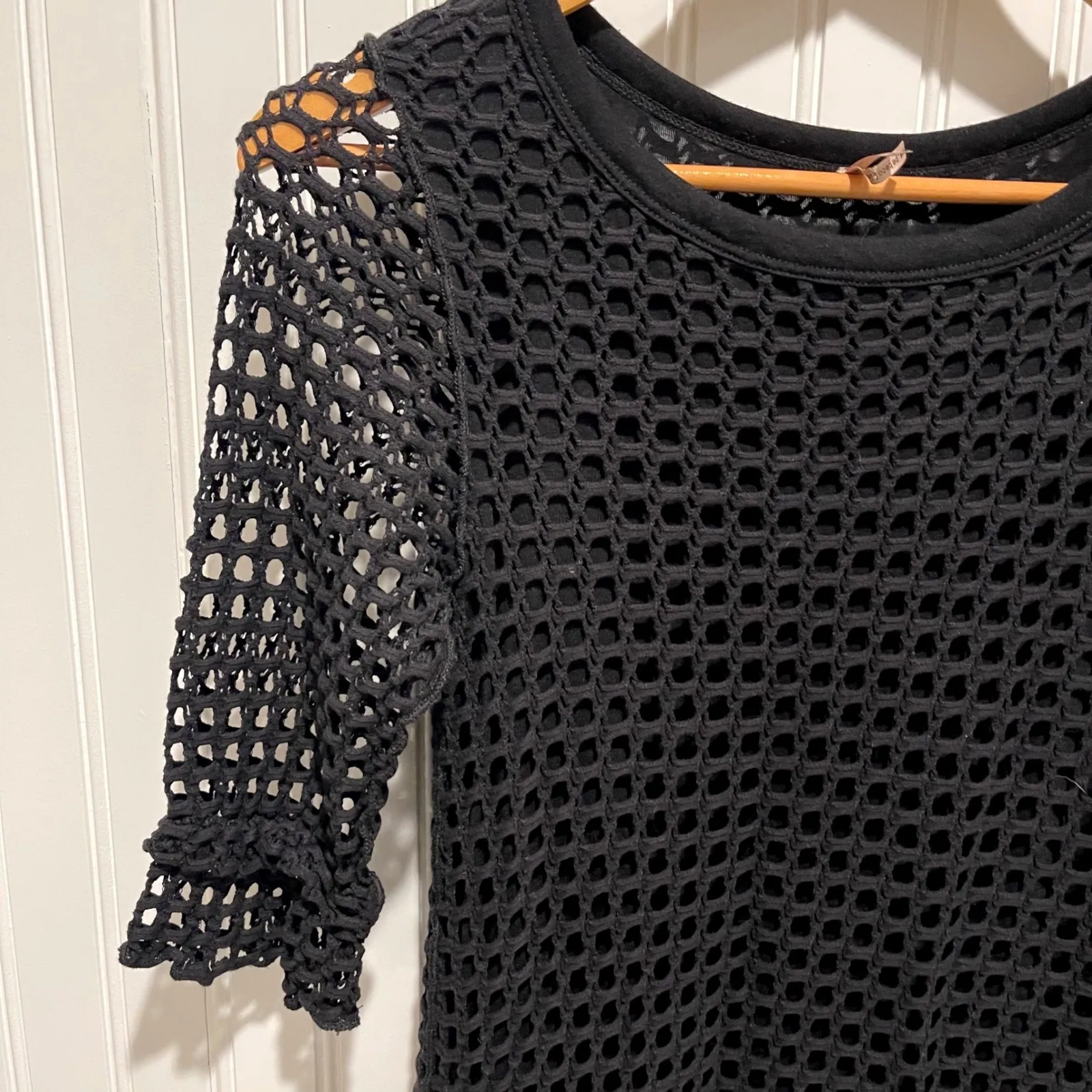 Pete Johnny Was Black Crochet Mesh 3/4 Sleeve Tunic Top Sheer Boho Womens Small - Image 2