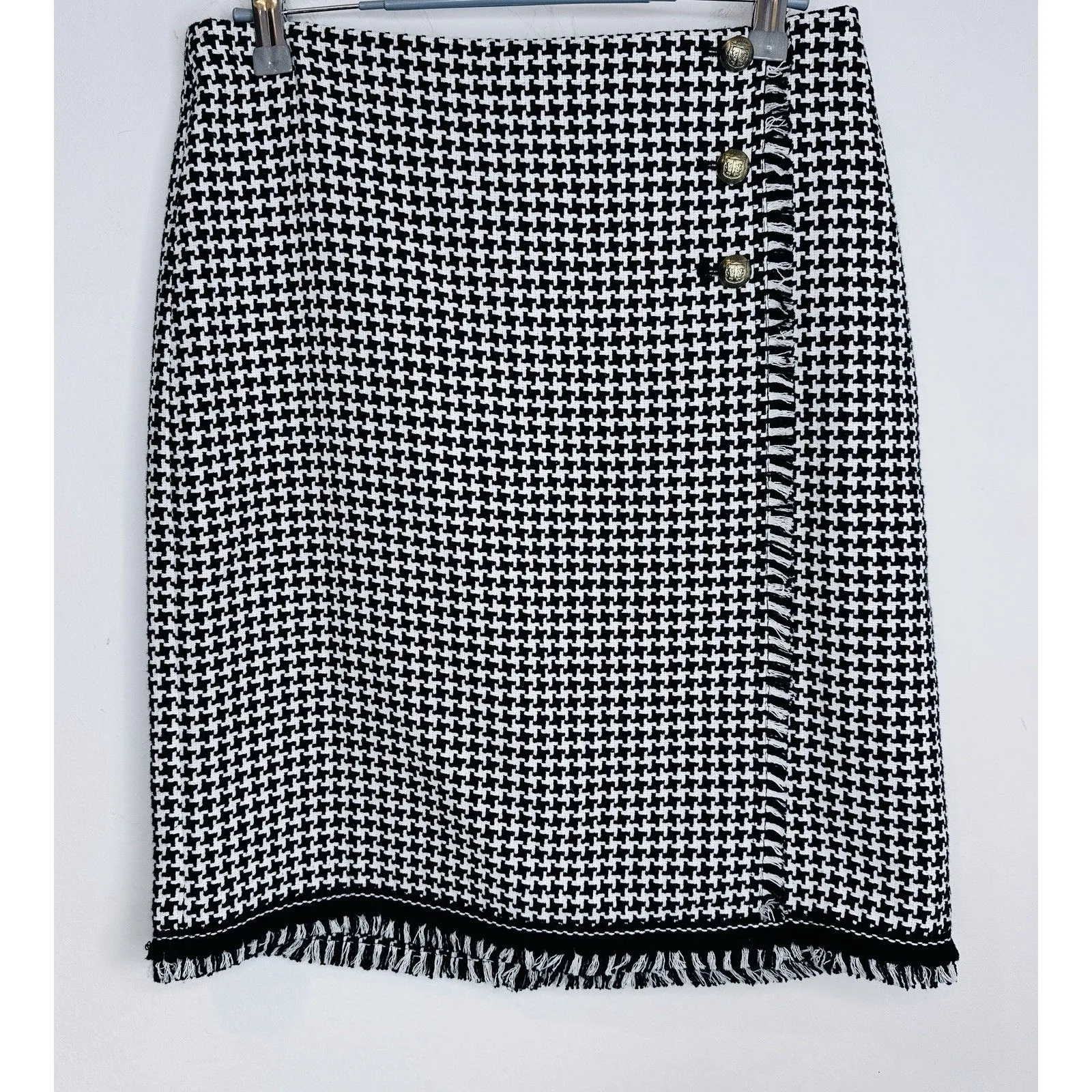Talbots Houndstooth Faux Wrap Pencil Skirt Size 6P Gold Button Fringe Trim - Image 3