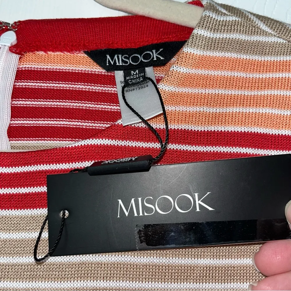 Misook Color Block Stripe Acrylic Knit Dress Women Size Medium Red Peach Tan NEW - Image 4