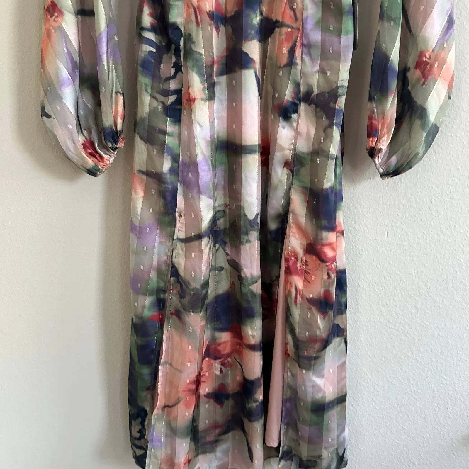 Socialite Mixed Floral Print Midi Dress Medium Dolman Slit Sheer Coktail Guest‎ - Image 14