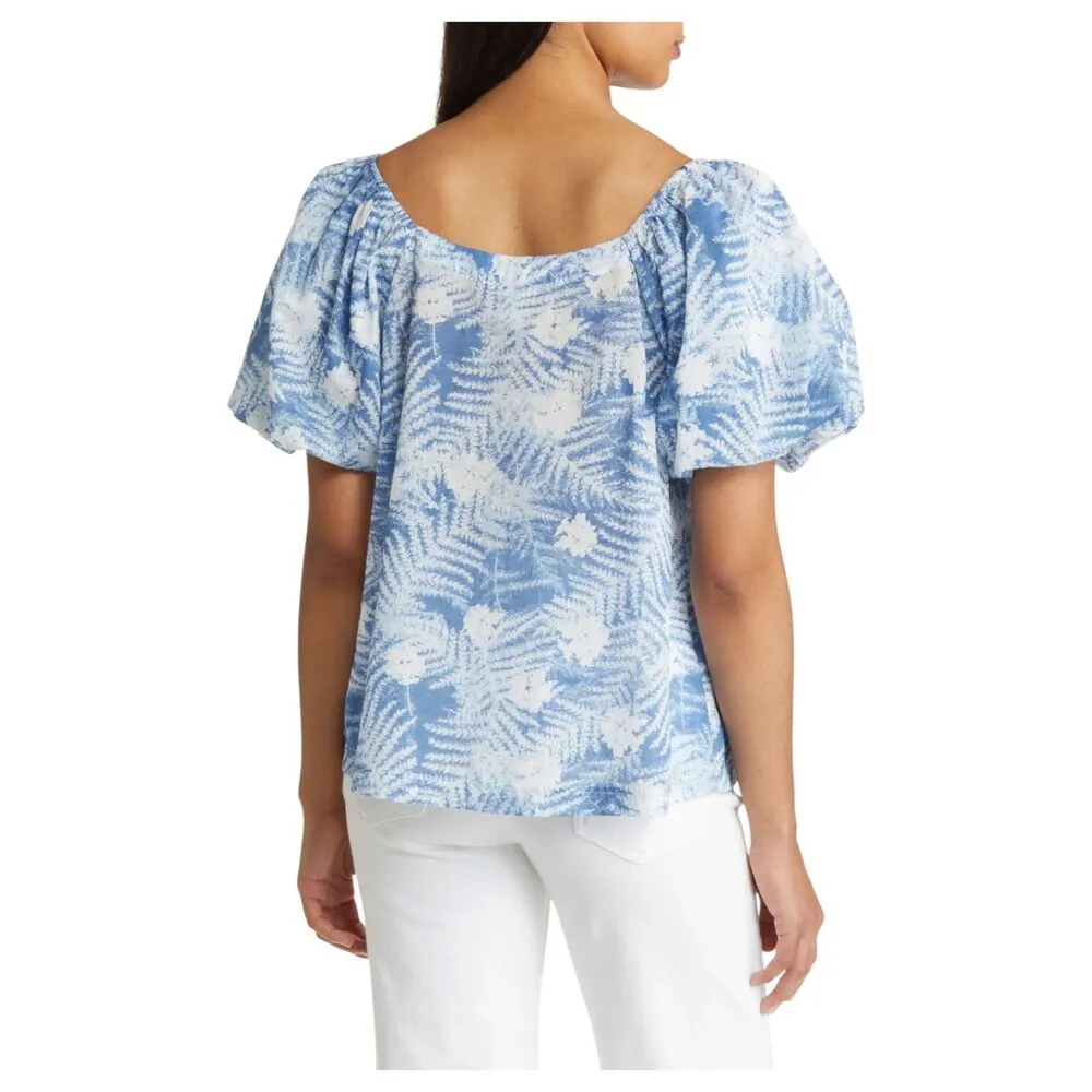 Caslon Print Puff Sleeve Organic Cotton Blue Moonlight Floral Ferns 2X NEW - Image 7