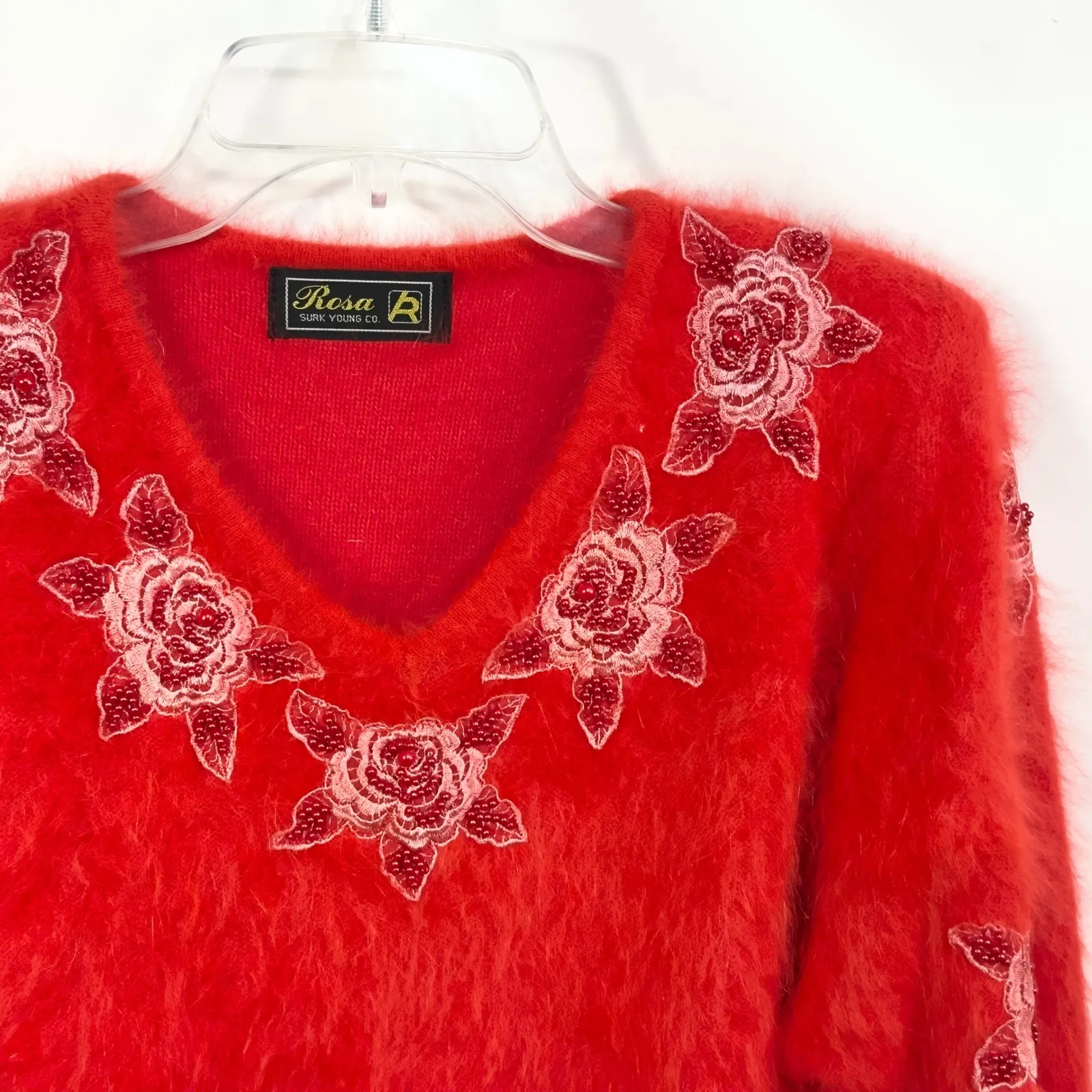 Vintage 80s Angora Sweater Red Floral Embroidered Beaded Shoulder Pads 319 Size L - Image 6