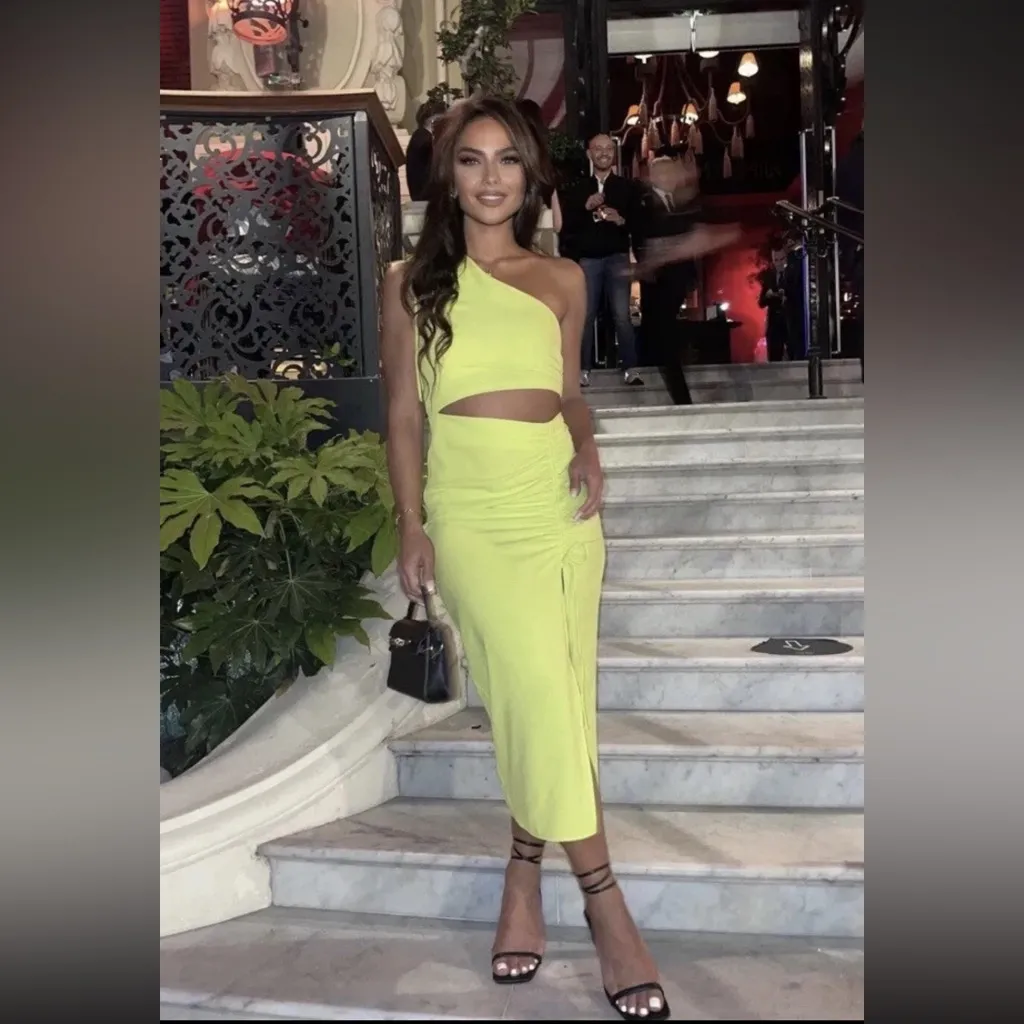 ZARA Green Yellow Ruched Dress Body Con One Shoulder MIDI Set Small - Image 2