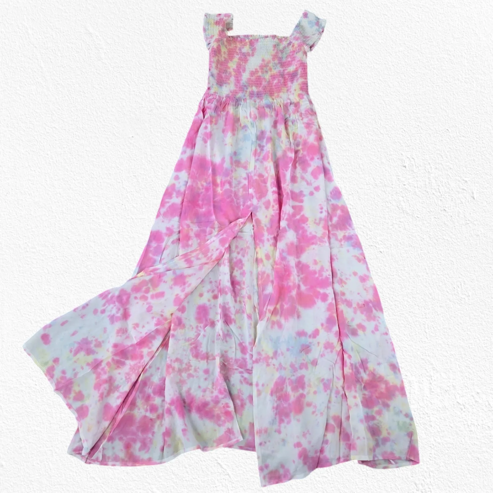 Pink White Tie Dye Smocked Off the Shoulder Area Stars Kaia Dress Size Small - Image 12