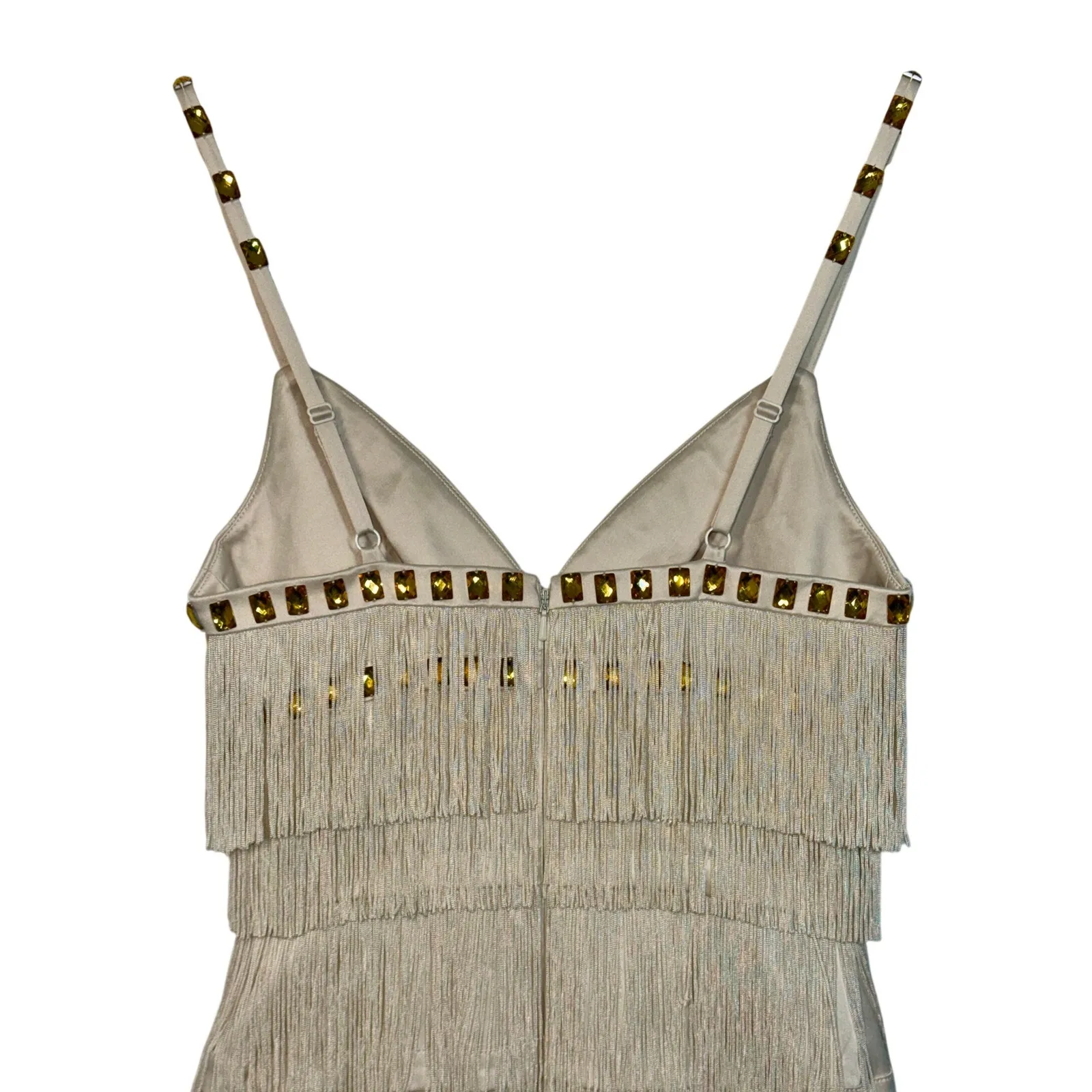 NWT Mandalay Cream Ivory Gold Beaded Fringe Midi Evening Cocktail Dress Womens 4 - Image 7