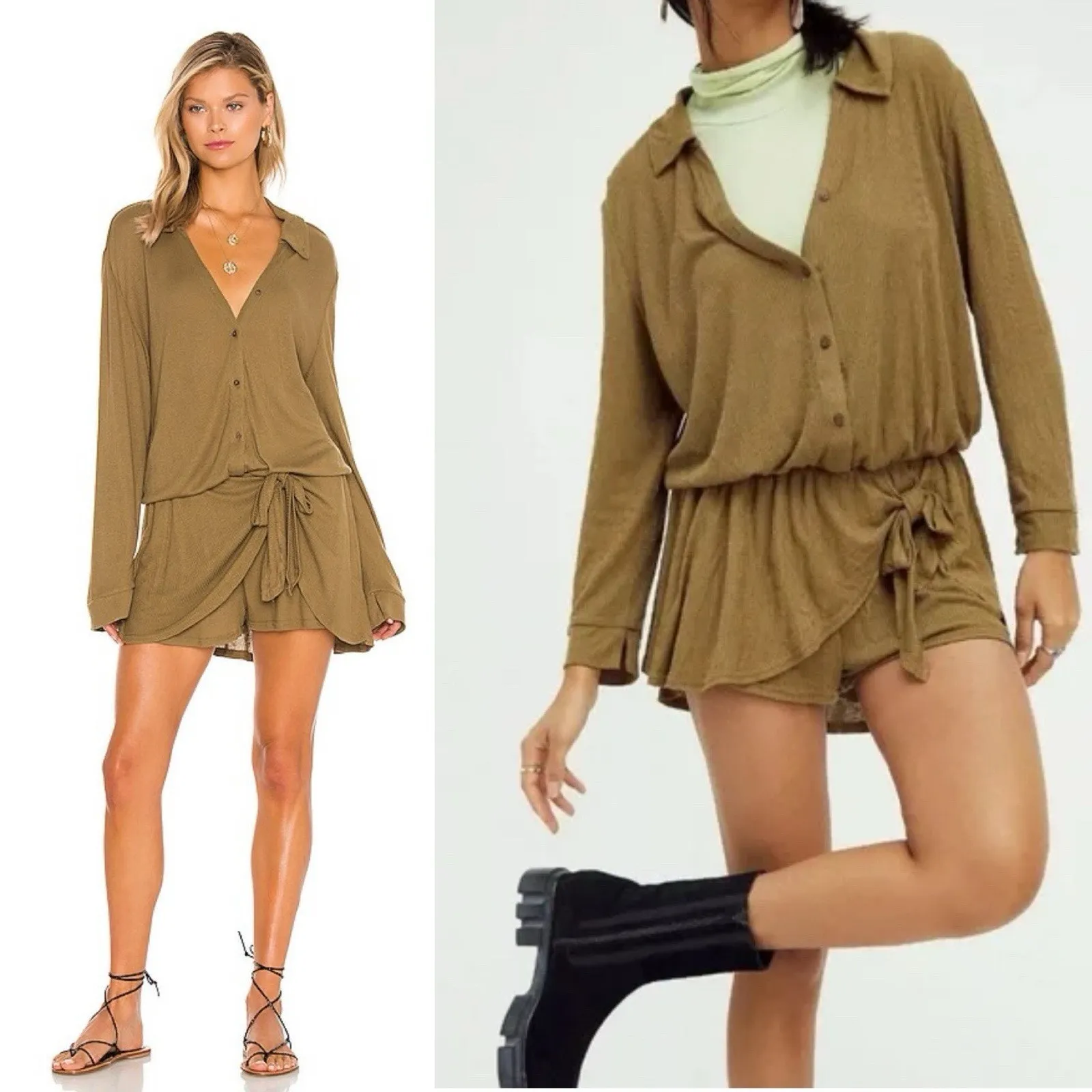 Free People Lively Romper Green Tropical Nut size XL Festival Coastal Bohemian - Image 15