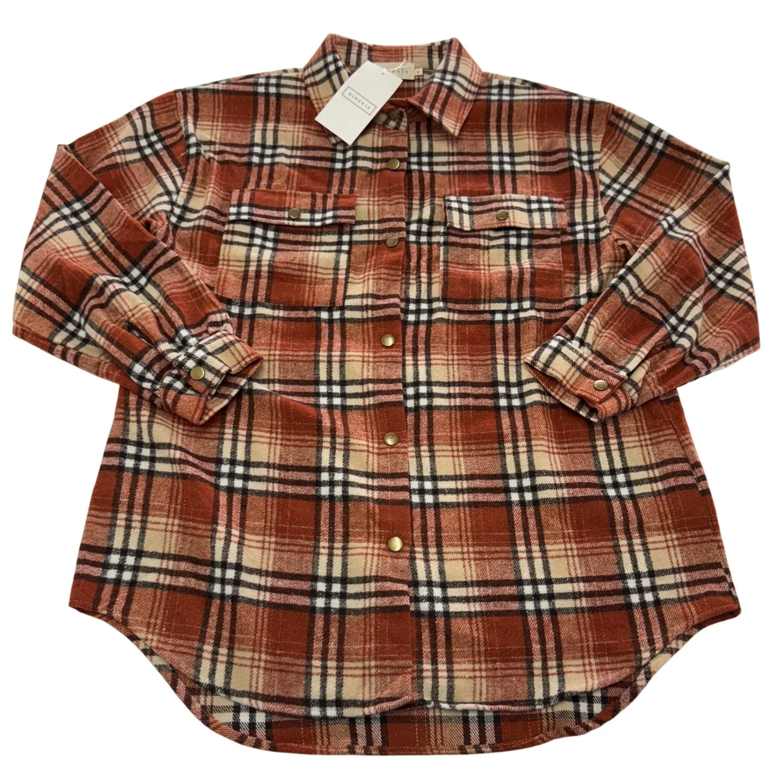 NINEXIS Shacket Womens Medium Red Tan Plaid Button Up Flannel Long Sleeve Shirt - Image 1