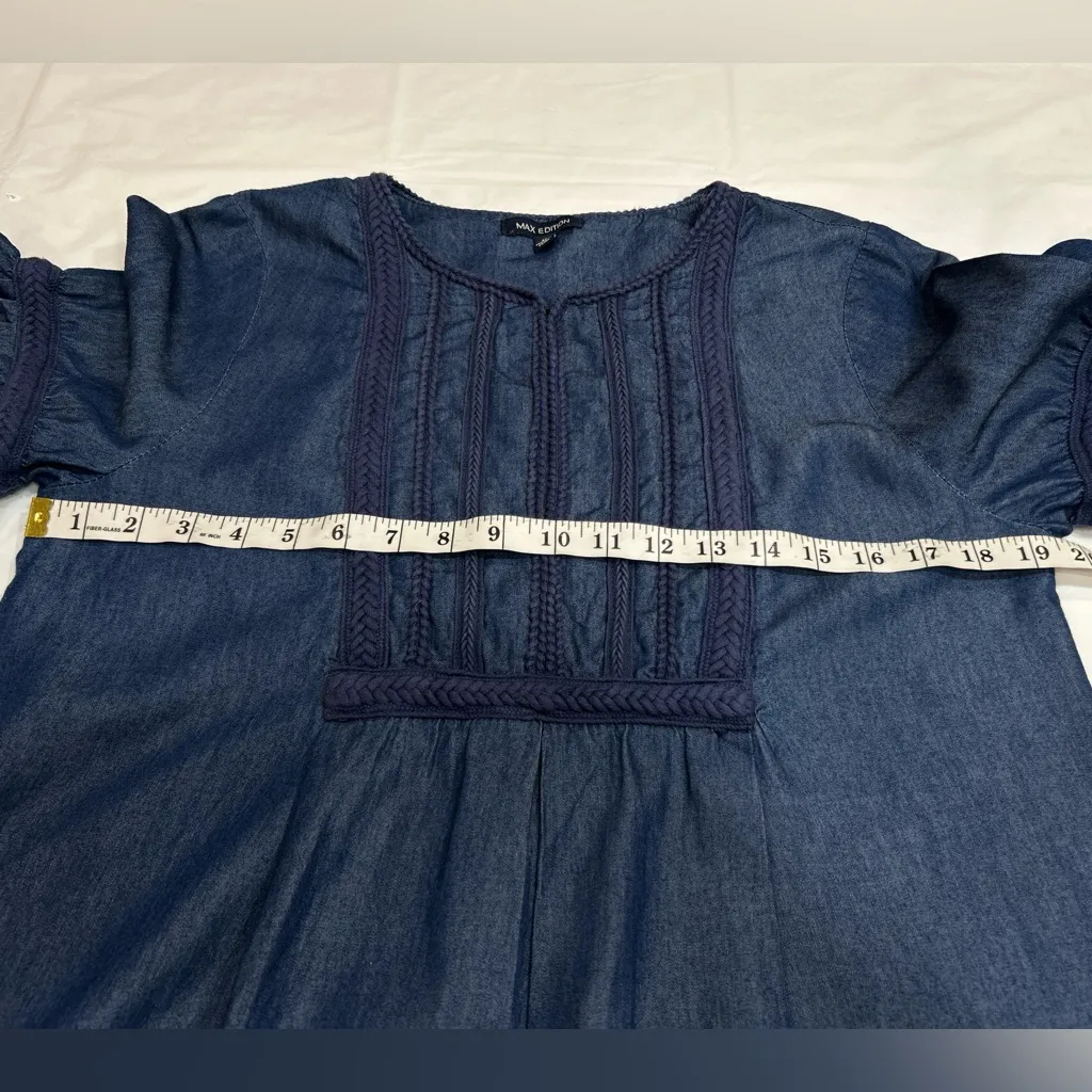 Max Edition Denim Shift Dress Ruffle Bell Sleeves Blue Medium - Image 8