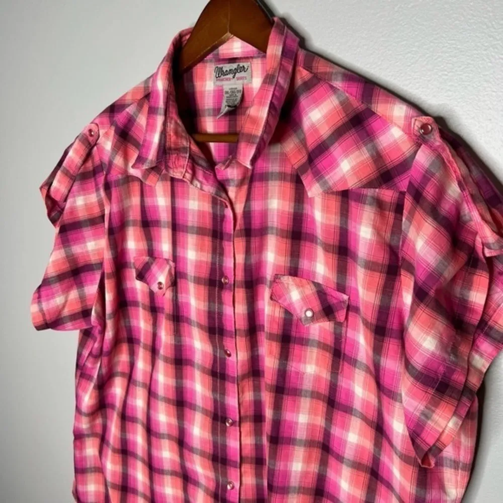 Wrangler Top 3XL Button-Front Western Shirt Pink Orange Plaid Pearl Snap Women's - Image 4