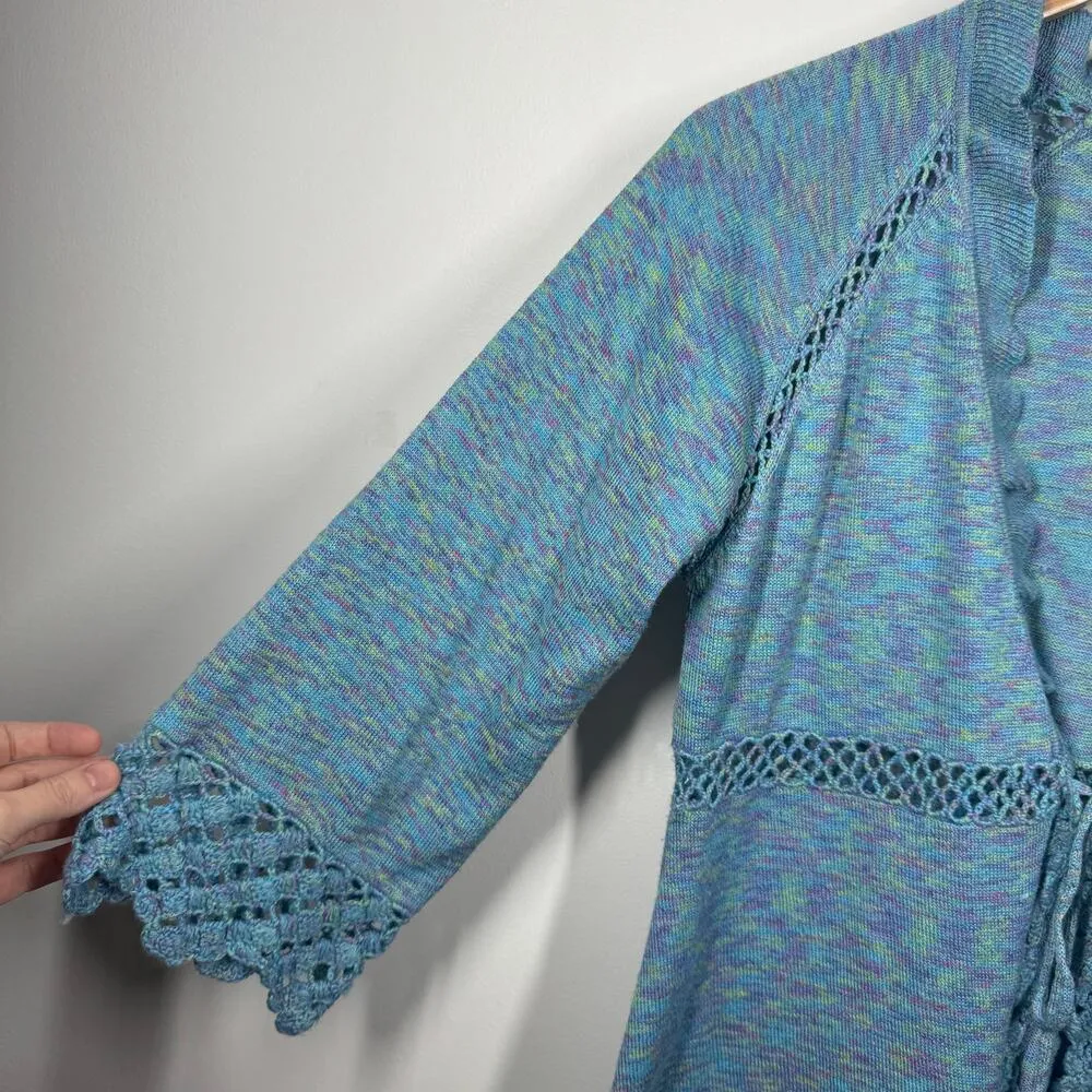 RXB Cardigan Women Size M Tie Front Ruffle Crochet Lace Trim Overlay Sweater Y2K Blue Size M - Image 3