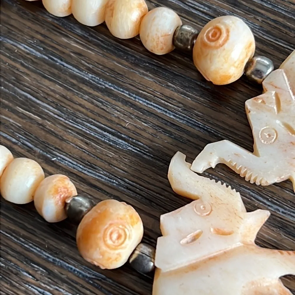 Hand Crafted authentic carved bone beads necklace with agathe & elephant Tan - Image 12