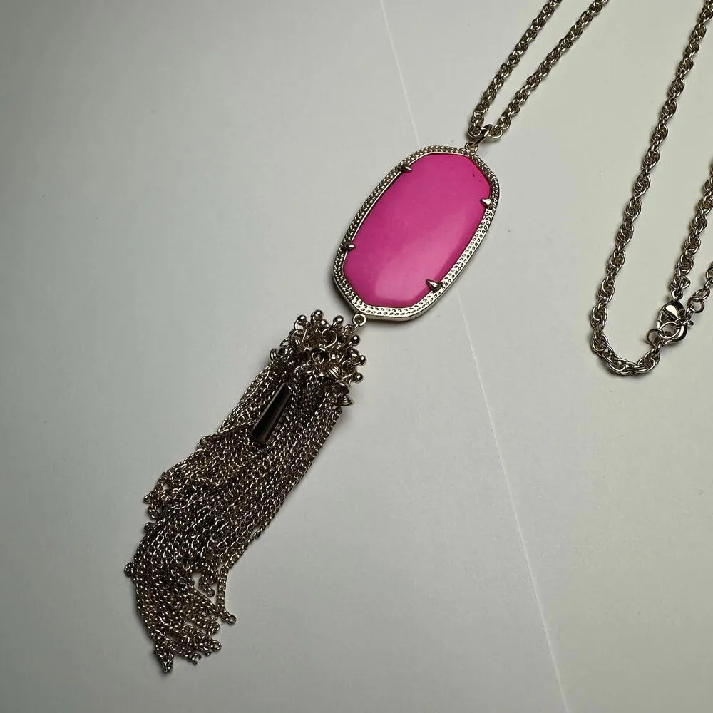Kendra Scott Rayne Pink Stone Pendant Tassel Gold Tone Chain Necklace - Image 11