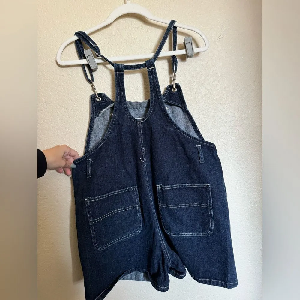 Vintage 90s Anchor Blue‎ Denim Short Overall Sz Large Dark Wash Shortall - Image 6