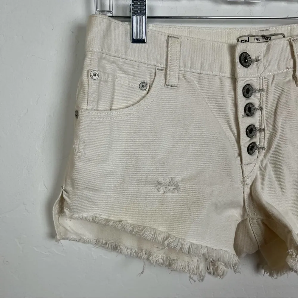 Free People White Button Fly Raw Hem Shorts - Image 2
