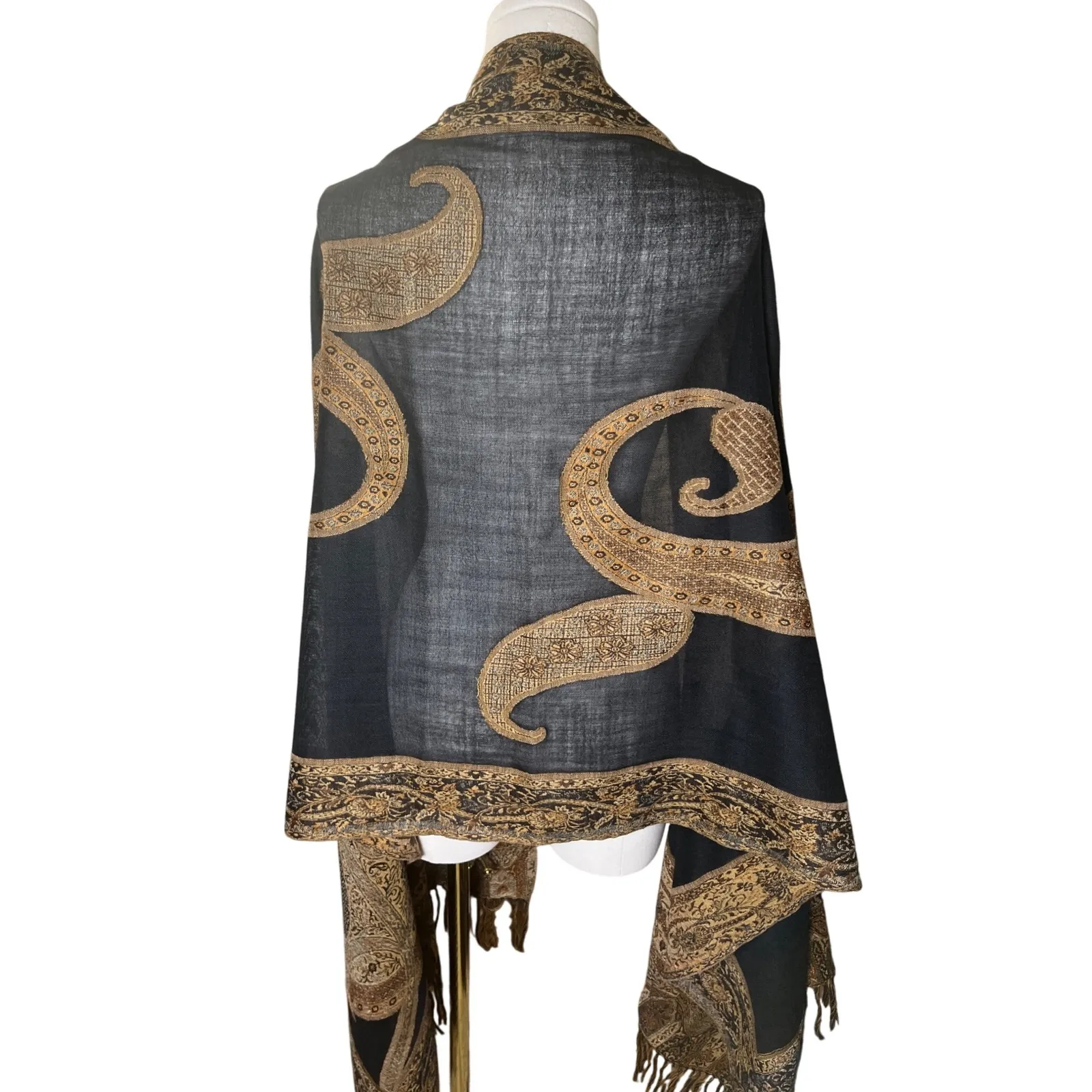Boho Serpent Paisley Fringe Shawl Wrap Wool Blend Black Gold Soft Drape Womens - Image 3