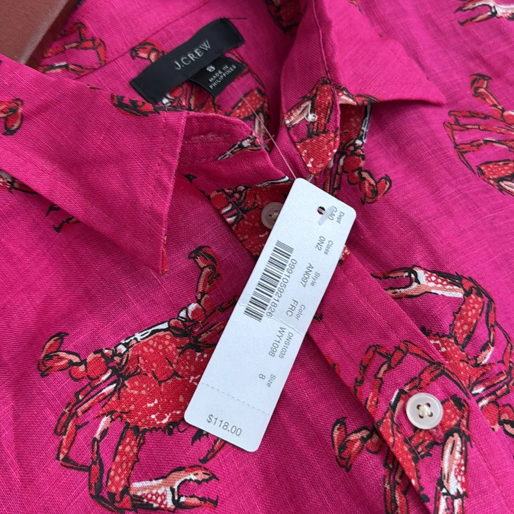J Crew 100% linen NWT $118 Classic-Fit Boy Shirt in Ratti King Crab Print SZ 8 - Image 10