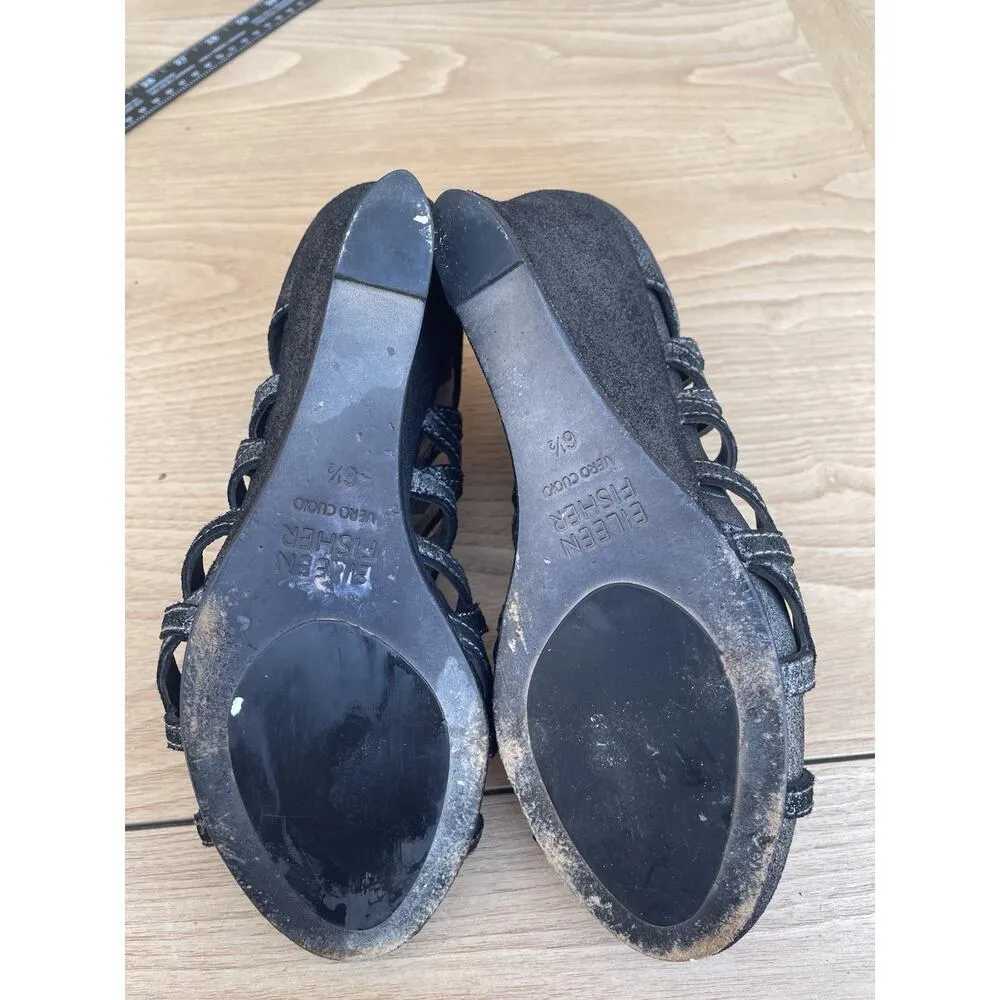 Eileen‎ Fisher Women’s 6.5 Wedges Black Suede Open Toe Strappy Heels Career - Image 7