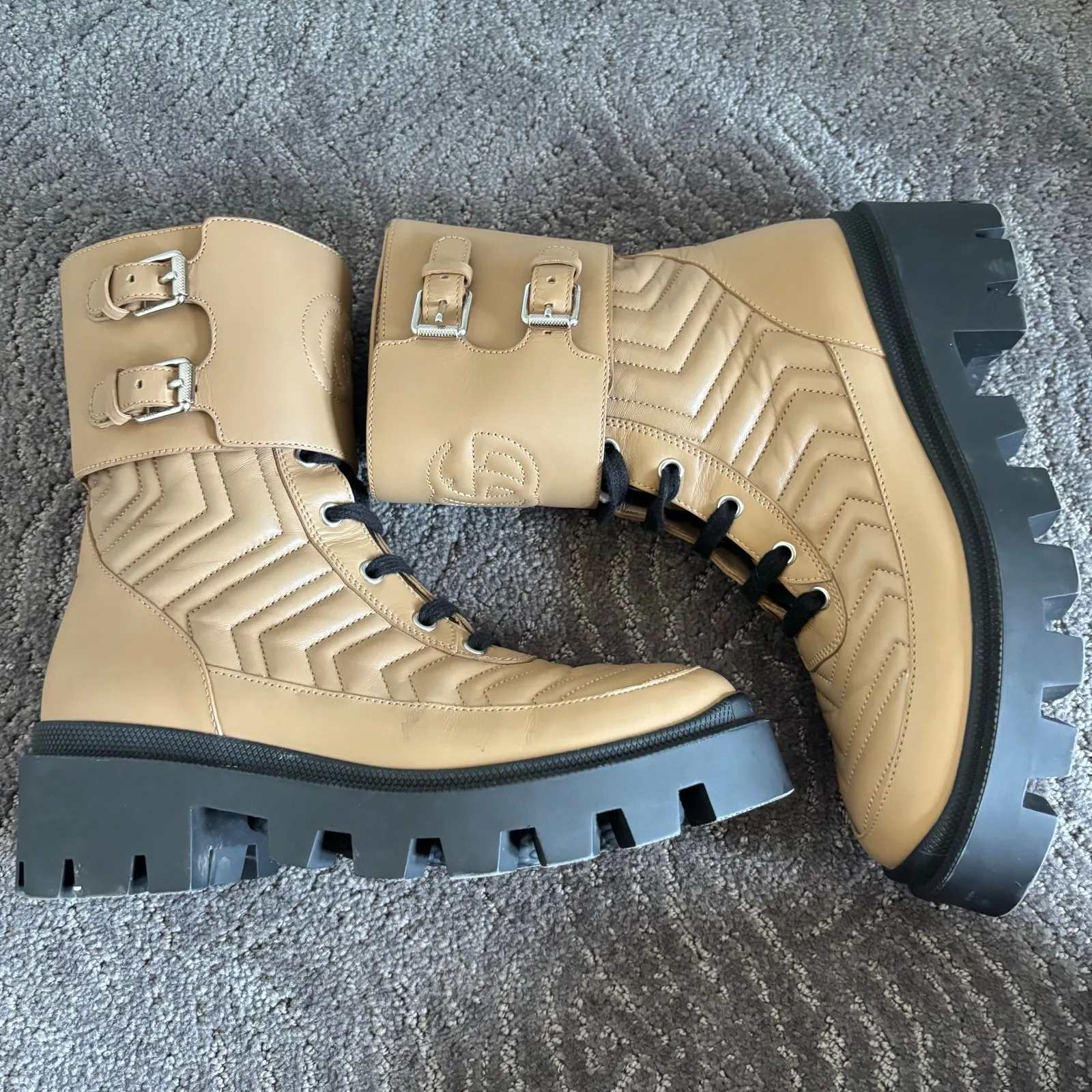 Gucci Frances GG Combat Boots Lug Sole Matelasse Quilted Leather Tan Size EU 37 - Image 10