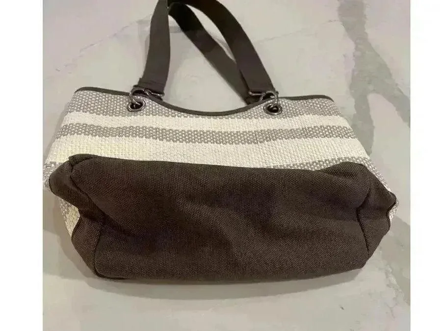 Thirty One Spring Summer Purse Paper Weave Shoulder Bag Brown Ivory Stripe 31 - Image 6