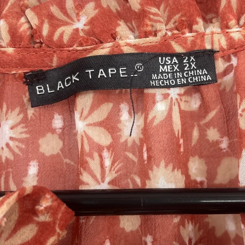 Black Tape Floral Peasant Top Sz 2X Rust Ruffle Sheer Chiffon Boho Swiss Dot Brown - Image 9