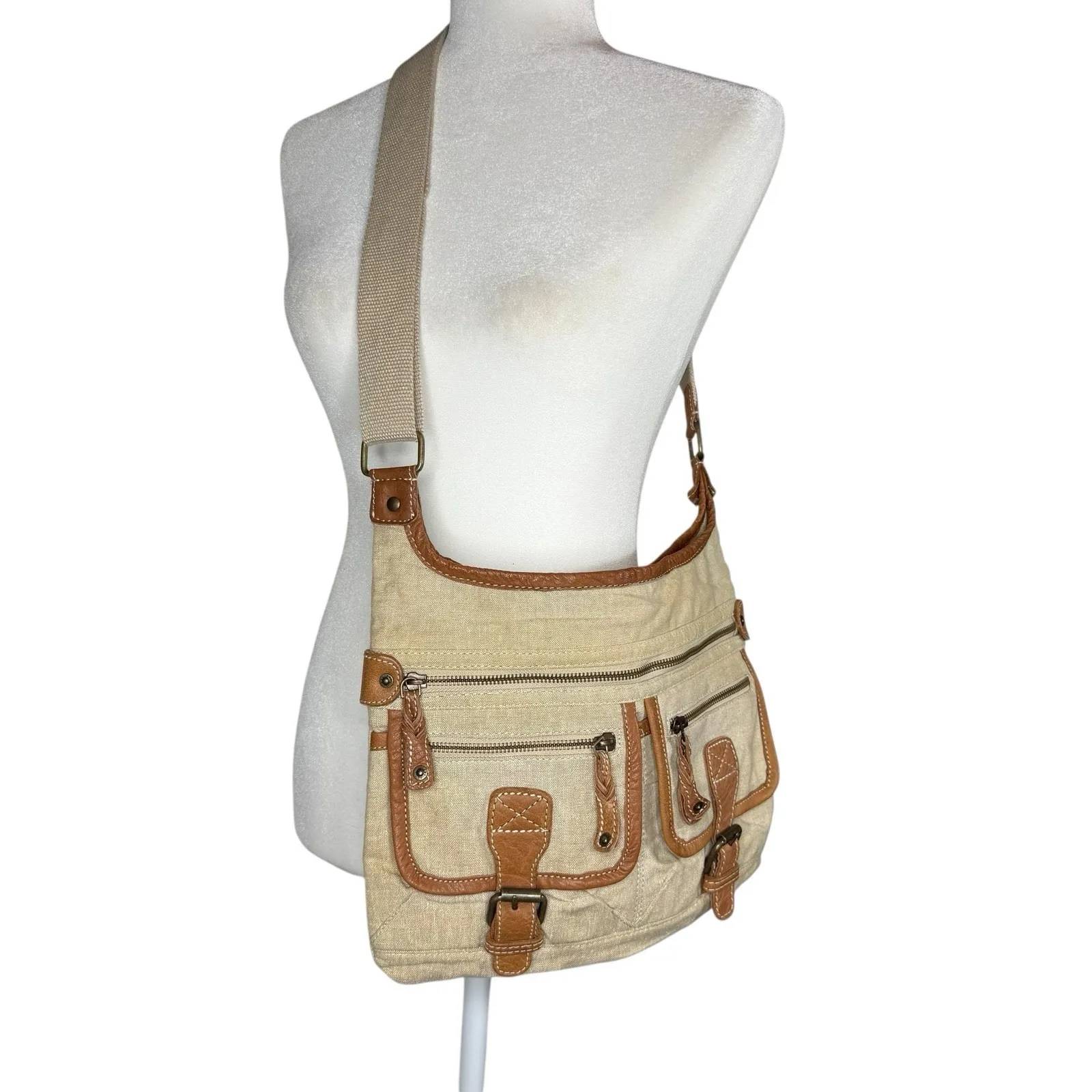 Fat Face Y2K Canvas‎ Leather Crossbody Messenger Bag Utility Pockets Rare Unused Tan - Image 11