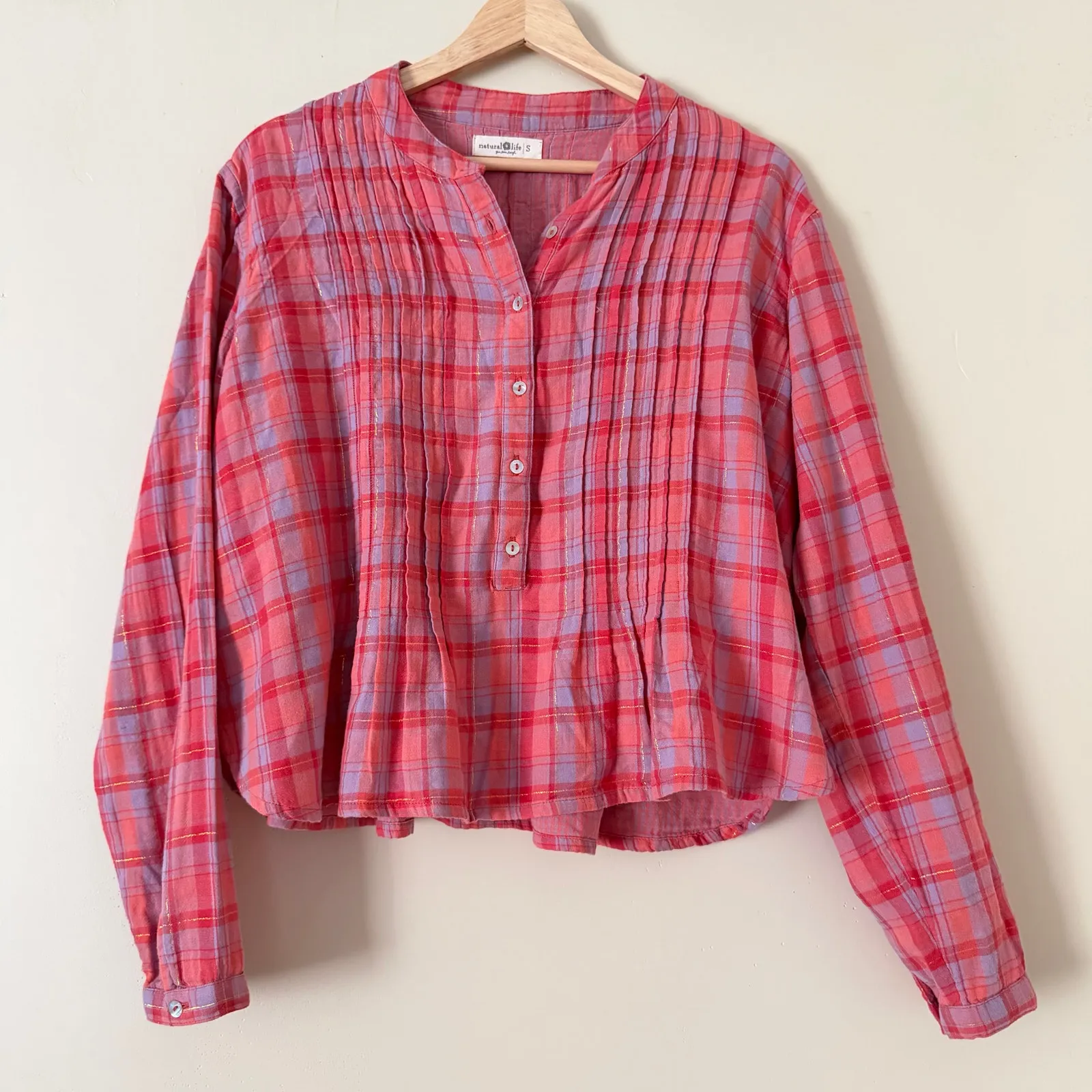 Natural Life Montana Pink Plaid Metallic Gold Thread Button Top Pintuck Small - Image 5