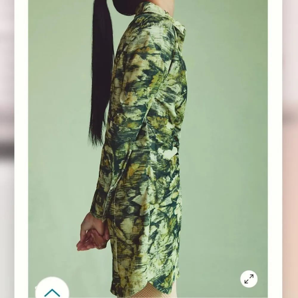 Anthropologie Pilcro Ruched Corduroy Button Floral Camo Shirt Dress‎ Green 10 - Image 4